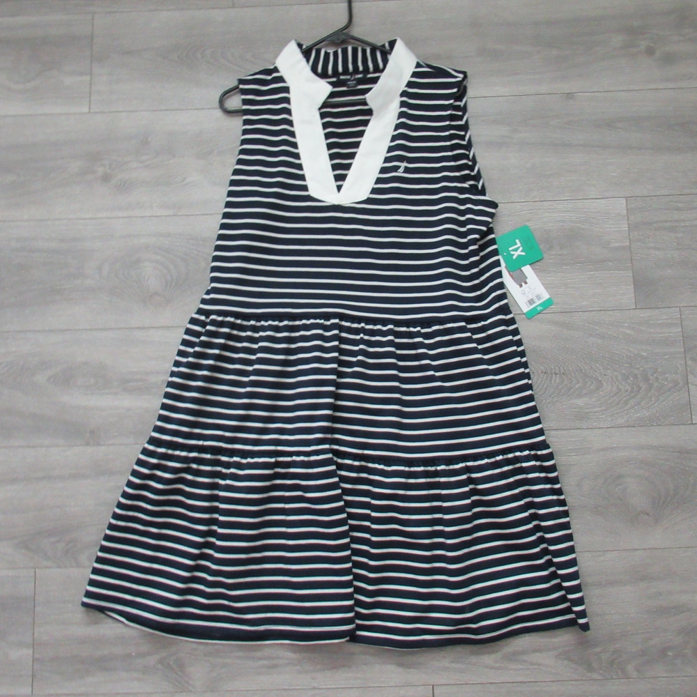 Nautica Knit Dress Women XL Tiered Navy Blue White Stripe Pockets Sleeveless